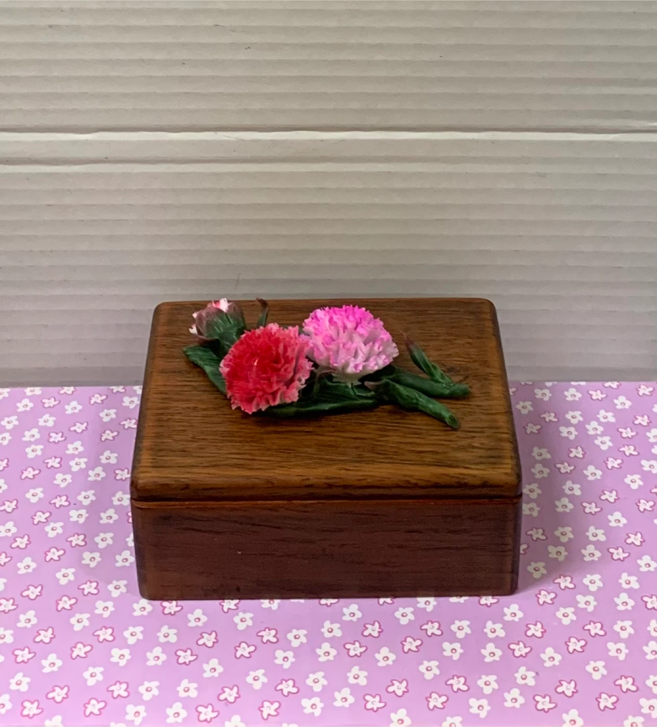 Wooden  Floral Keepsake Trinket Box Hinged Lid Storage