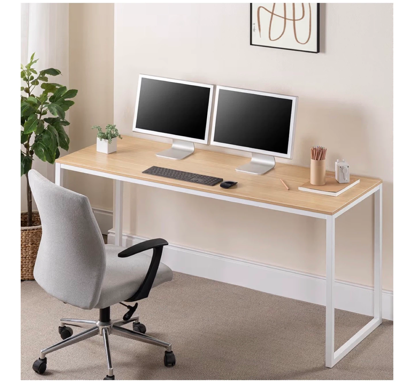 Simple Wood Top Desk with White Metal Frame