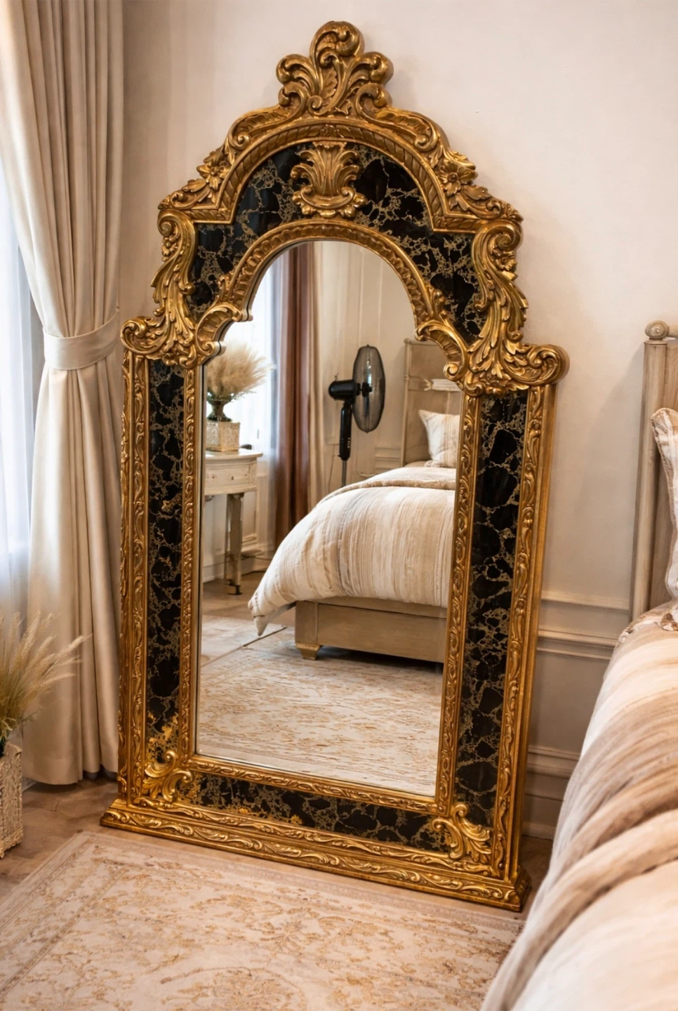 Ornate Gold Arch Mirror with Black Marble Inlay