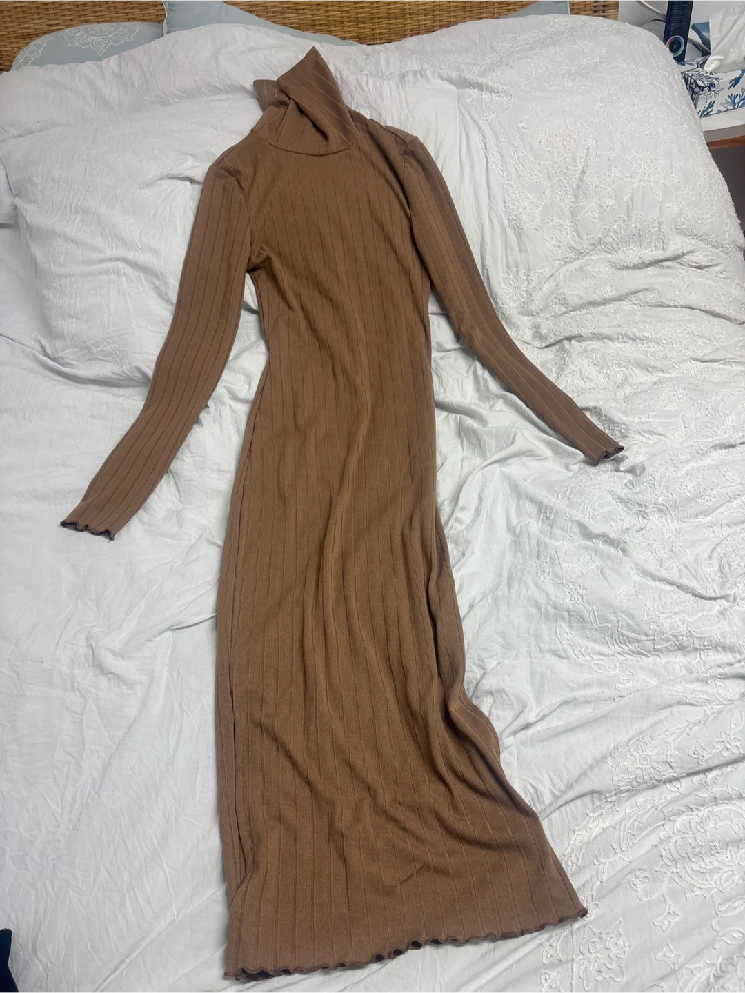 Brown Ribbed Turtleneck Maxi Dress