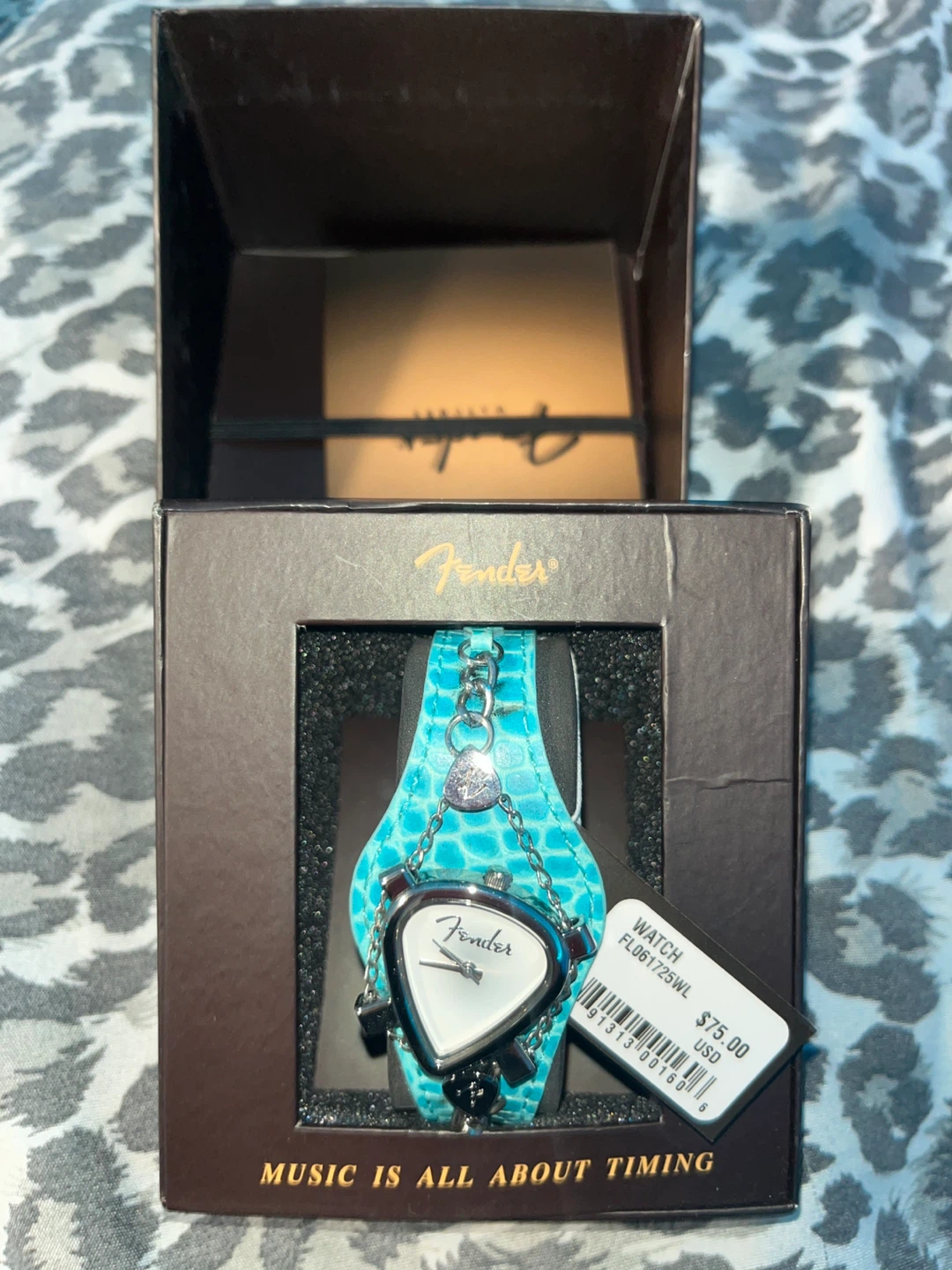 Fender Guitar Pick Shaped Watch with Teal Band
