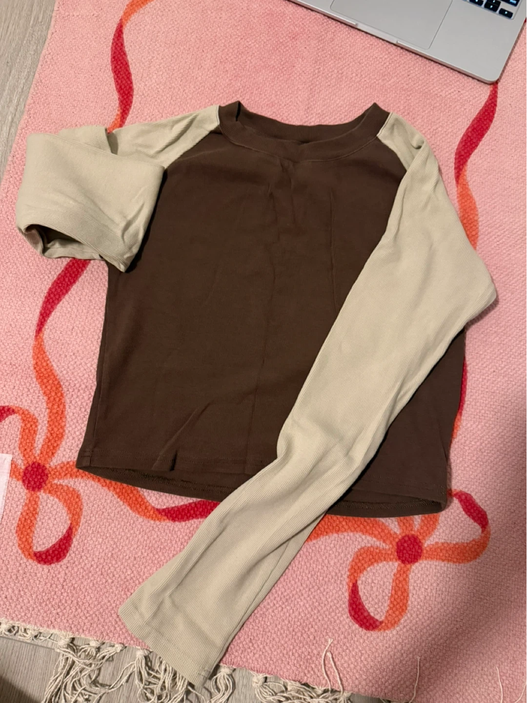 Brown and Beige Long Sleeve Baseball Tee