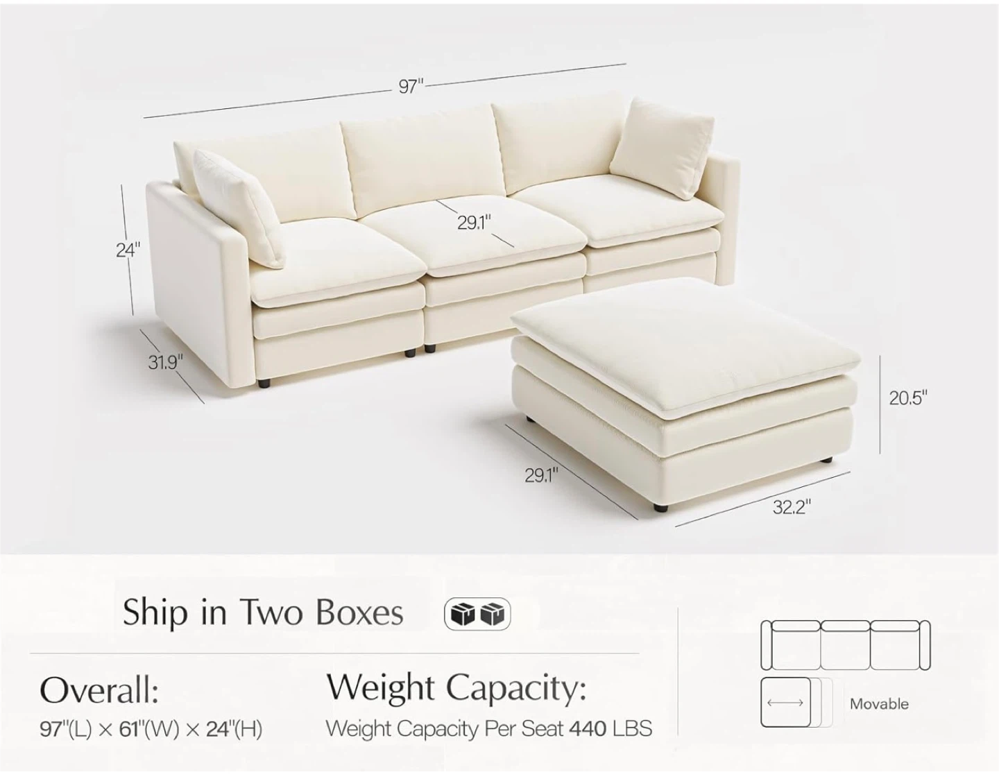 Modular Cream Velvet Sofa with Ottoman - photo 2