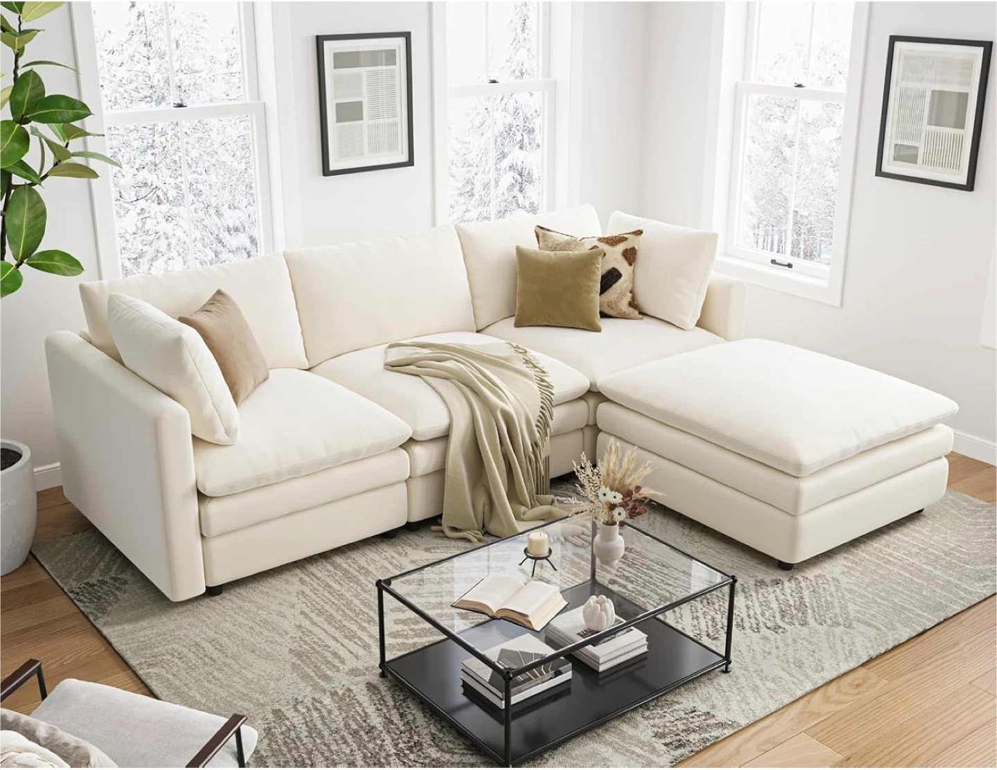 Modular Cream Velvet Sofa with Ottoman - photo 3