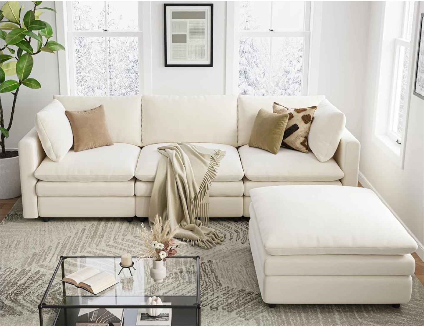 Modular Cream Velvet Sofa with Ottoman