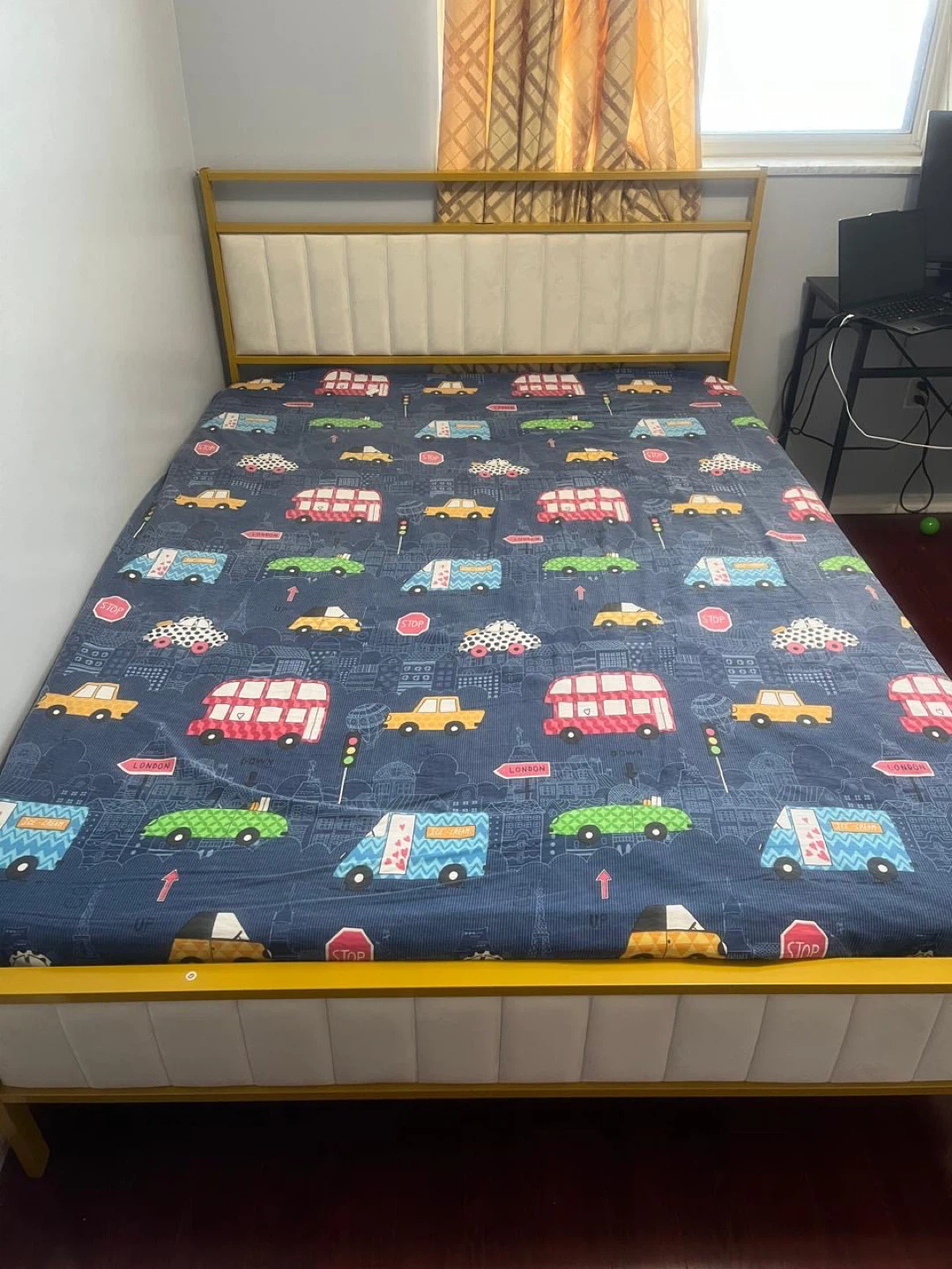 Queen gold metal Bed Frame with mattress and protector