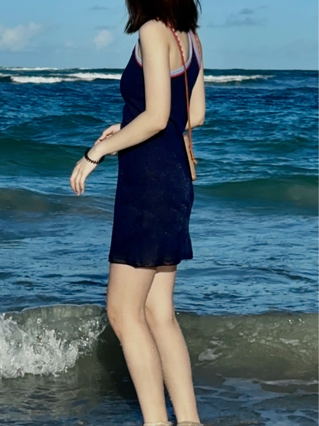 Navy Blue Ribbed Dress with Red and White Trim - photo 2