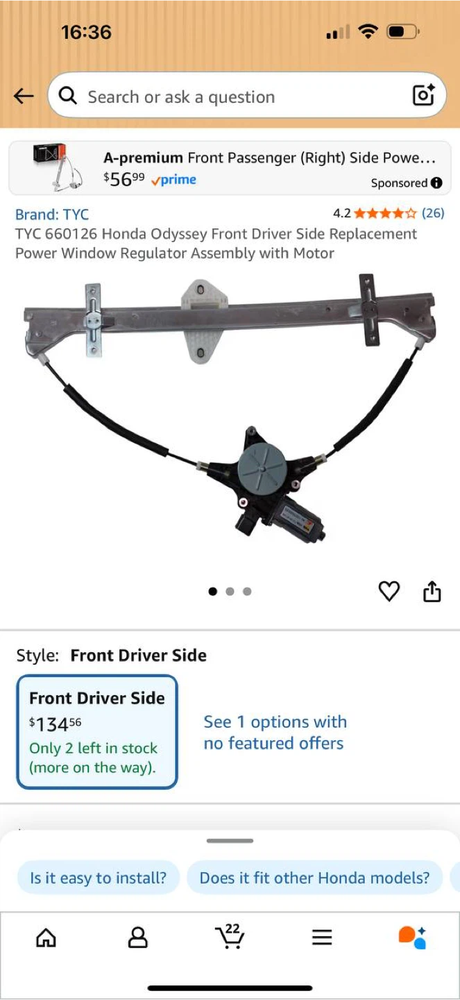 TYC Front Driver Side Window Regulator w/ Motor (Honda