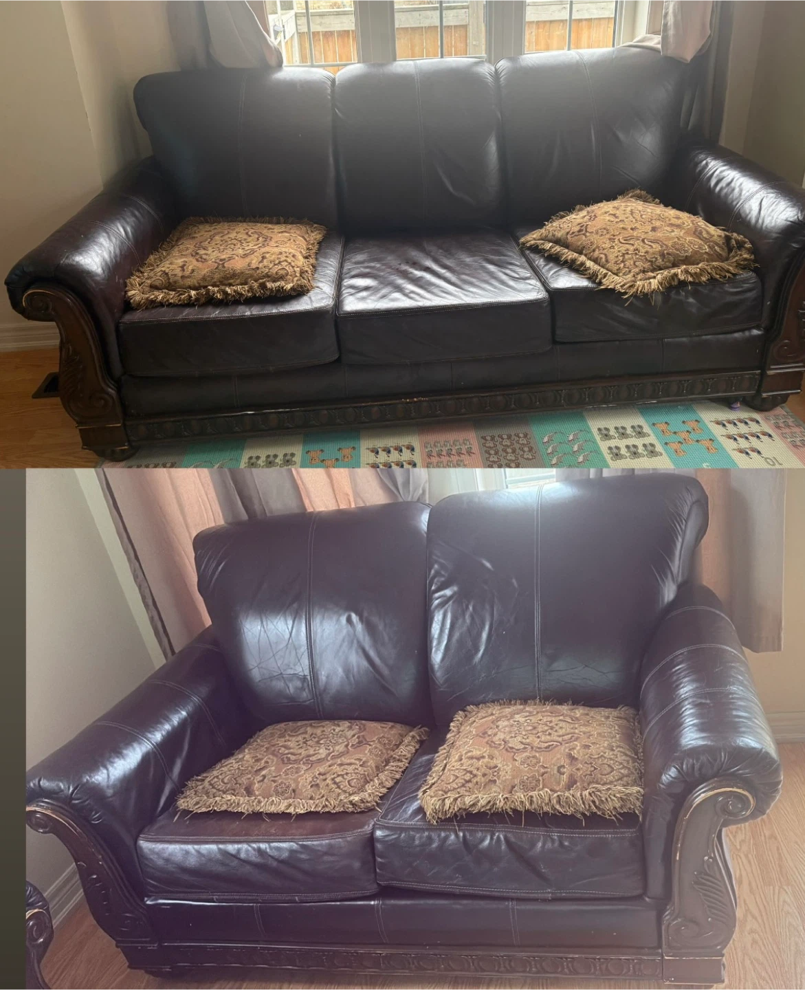 Dark Brown Leather Sofa with Decorative Pillows