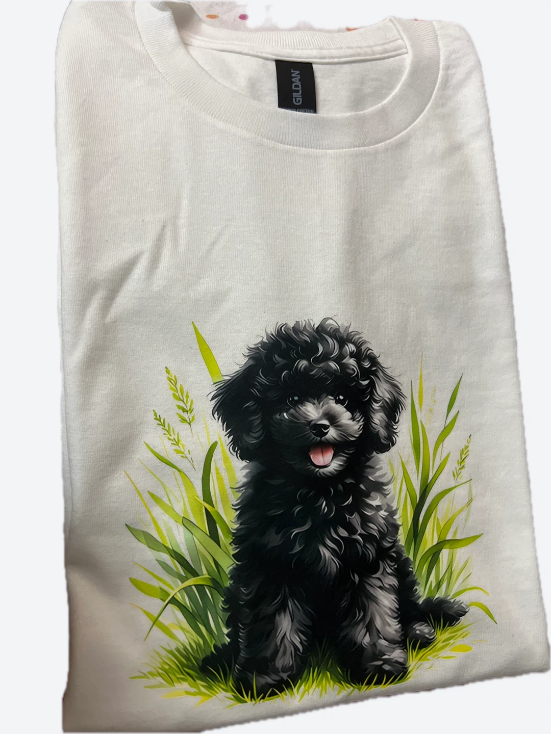 White Gildan T-Shirt with Black Poodle Graphic