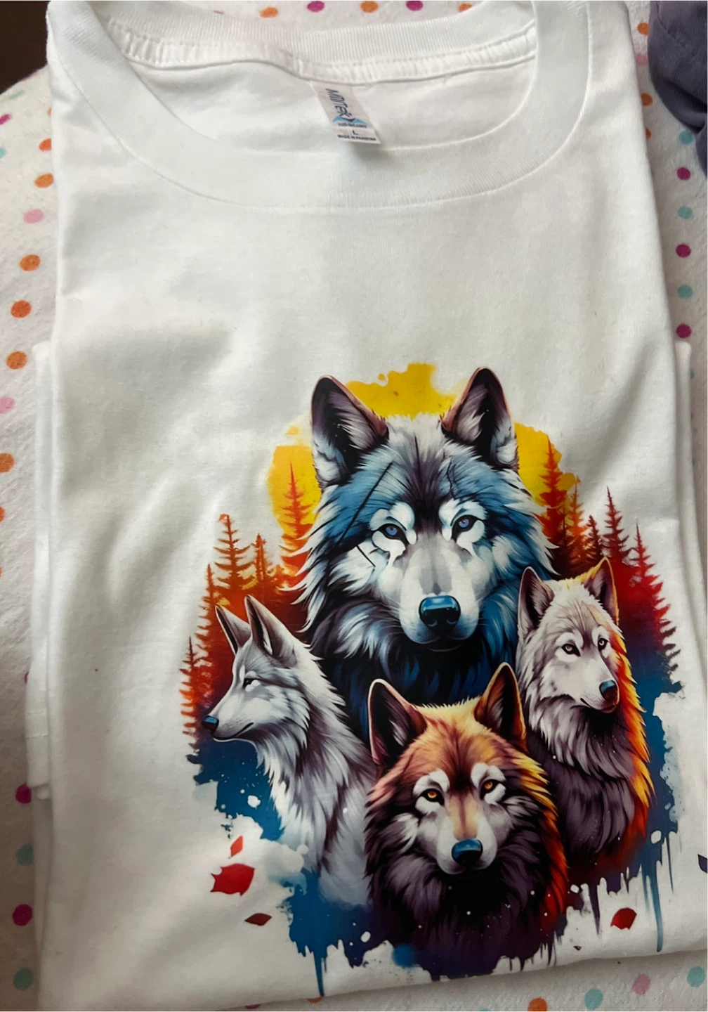 White T-Shirt with Wolf Pack Graphic