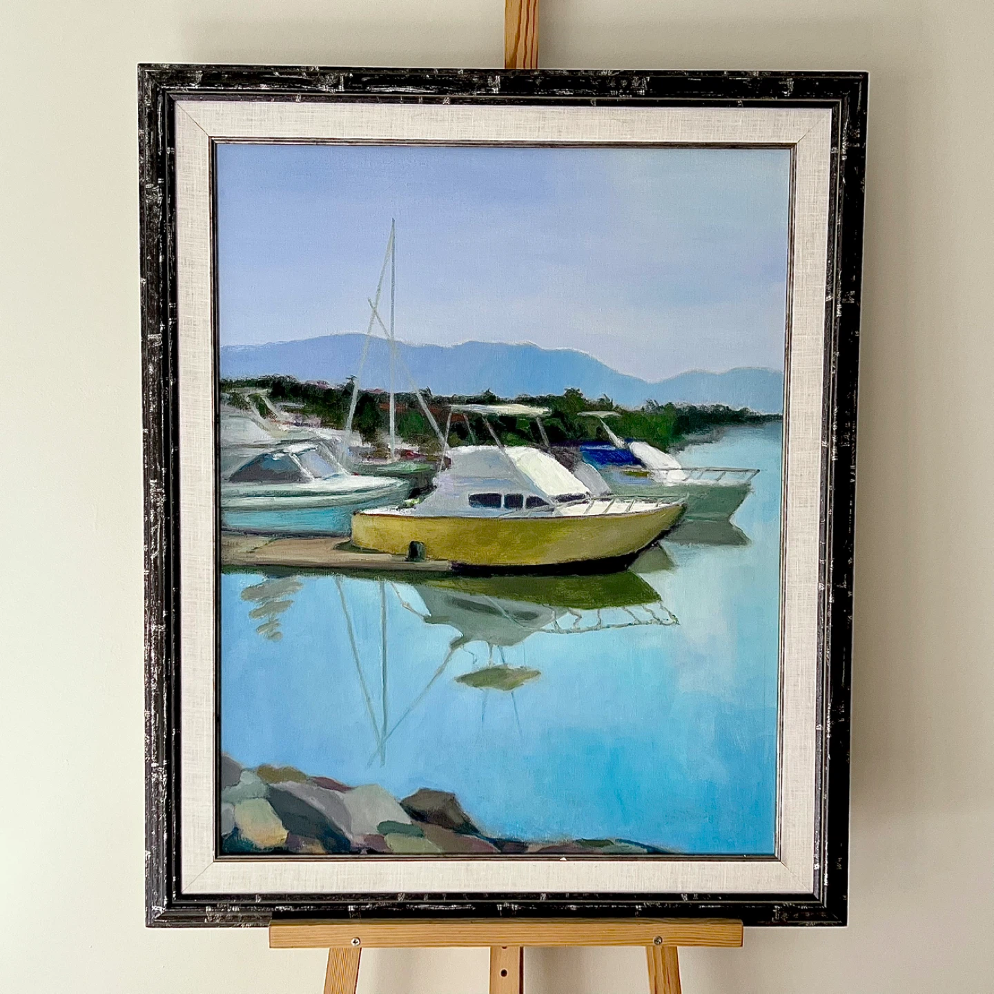 Large framed original painting of boats at marina