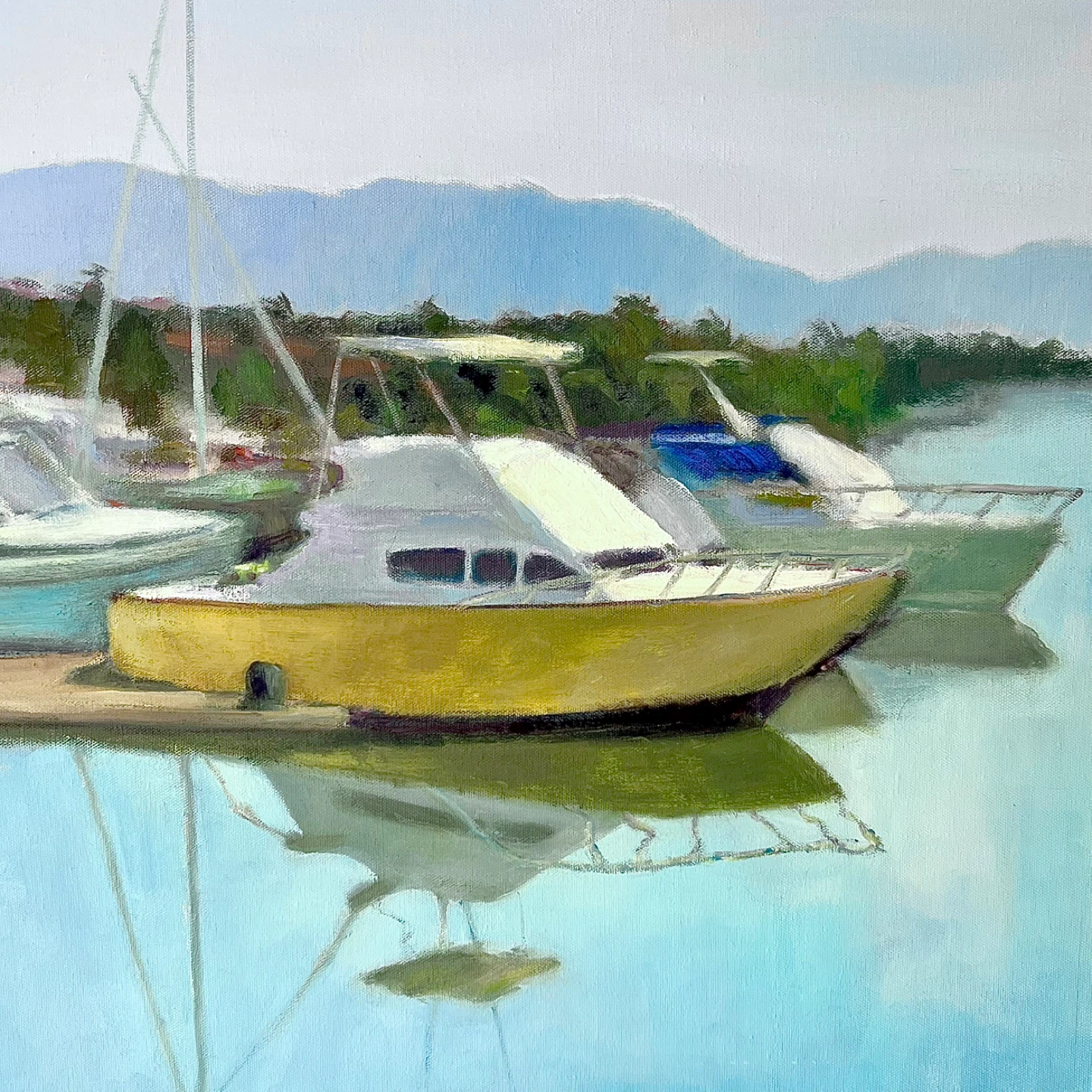 Large framed original painting of boats at marina - photo 3