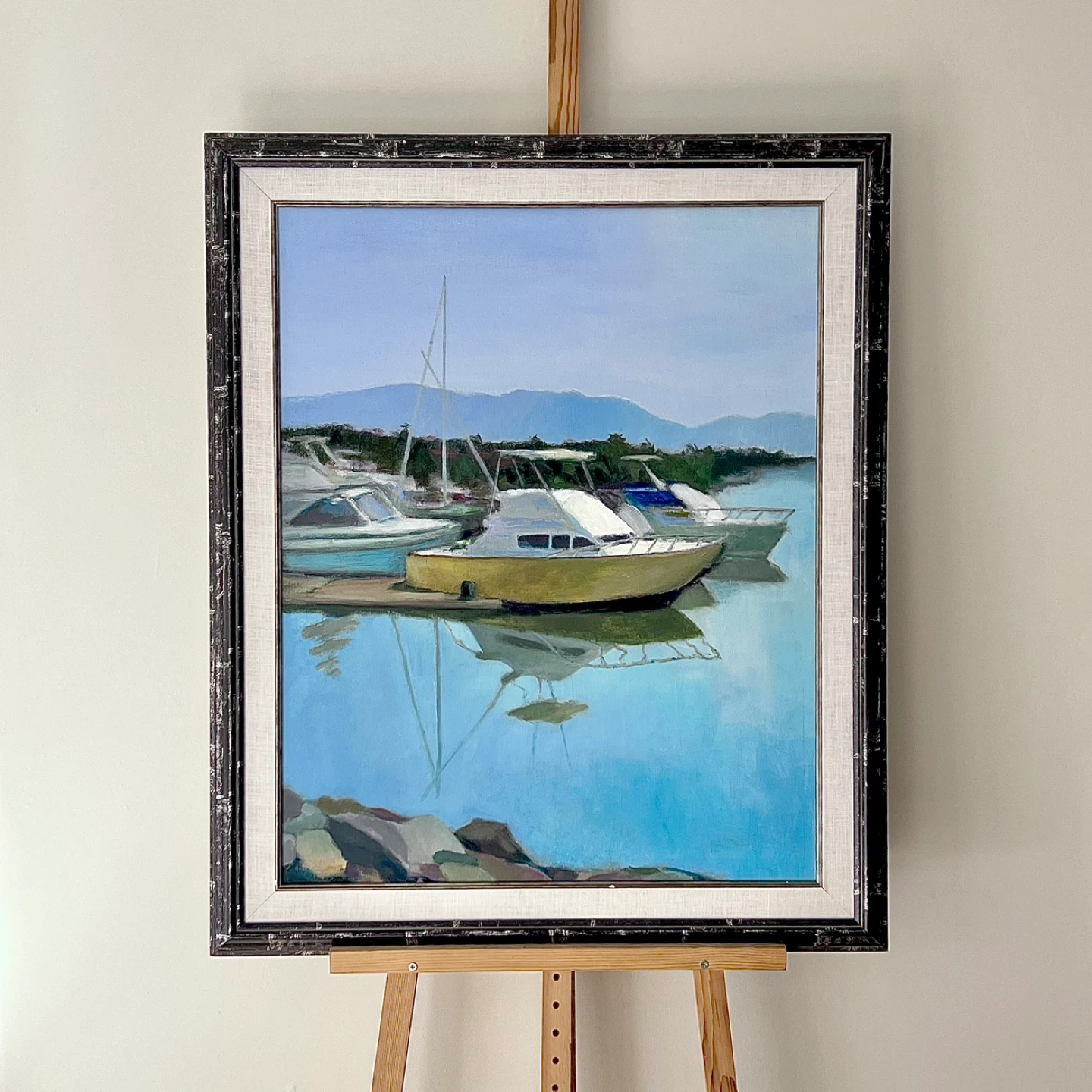 Large framed original painting of boats at marina - photo 2