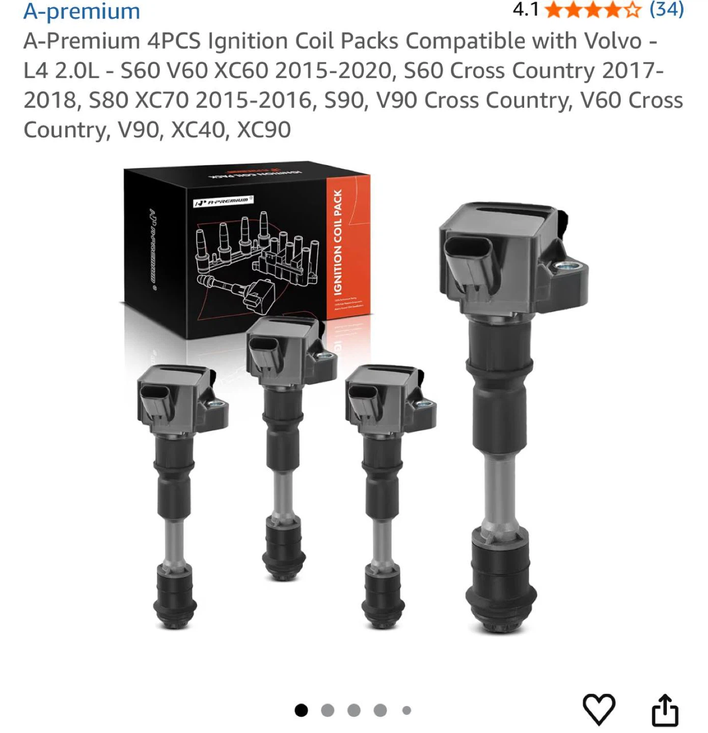 A-Premium Ignition Coil Pack 4PCS for Volvo S60 V60 XC60 XC90 2.