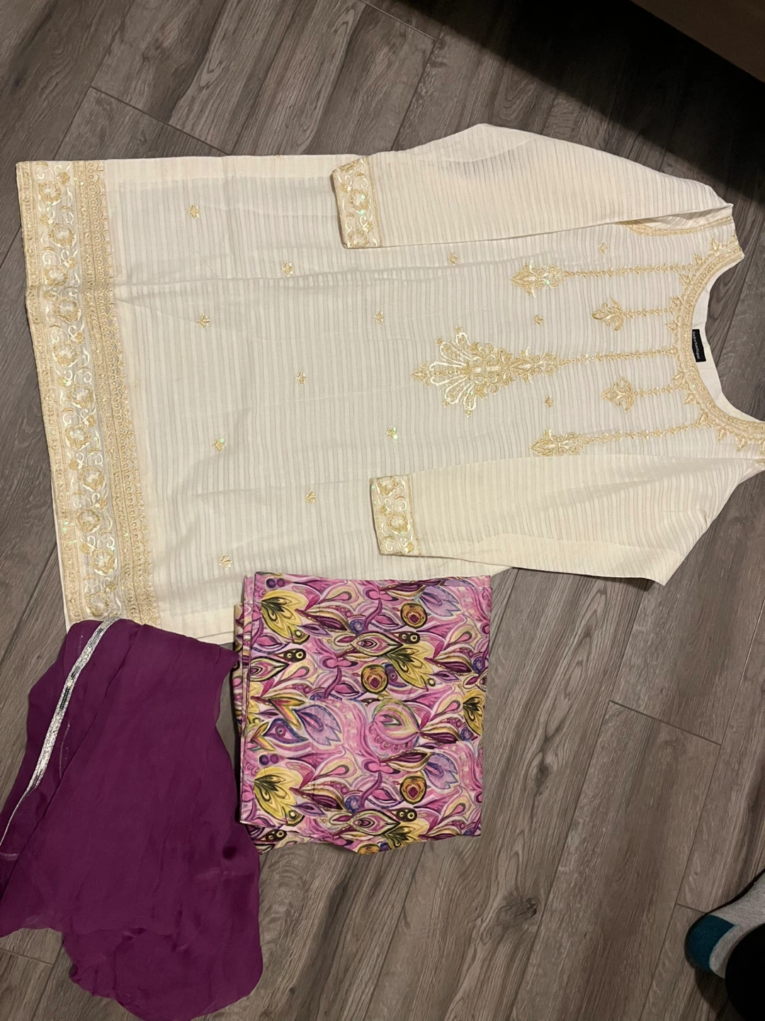 Cream embroidered Kurta with Trousers and Dupatta