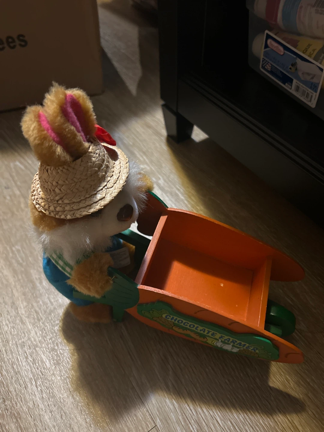 Vintage Chocolate Farmer Bunny Toy with Wheelbarrow