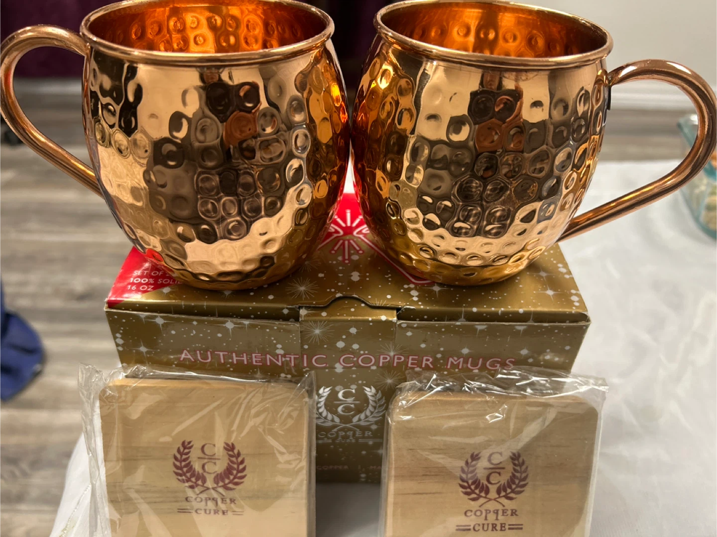 Set of 2 Copper Mugs with Coasters