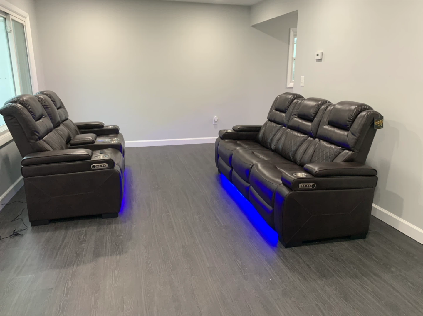 Brown Leather Power Reclining Loveseat and Sofa with LED Lights