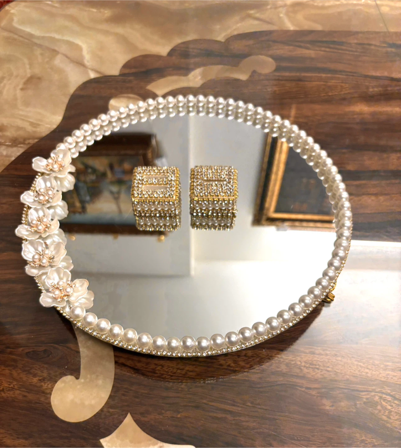 Round Mirror Tray with Faux Pearls, rhinestone & white floral