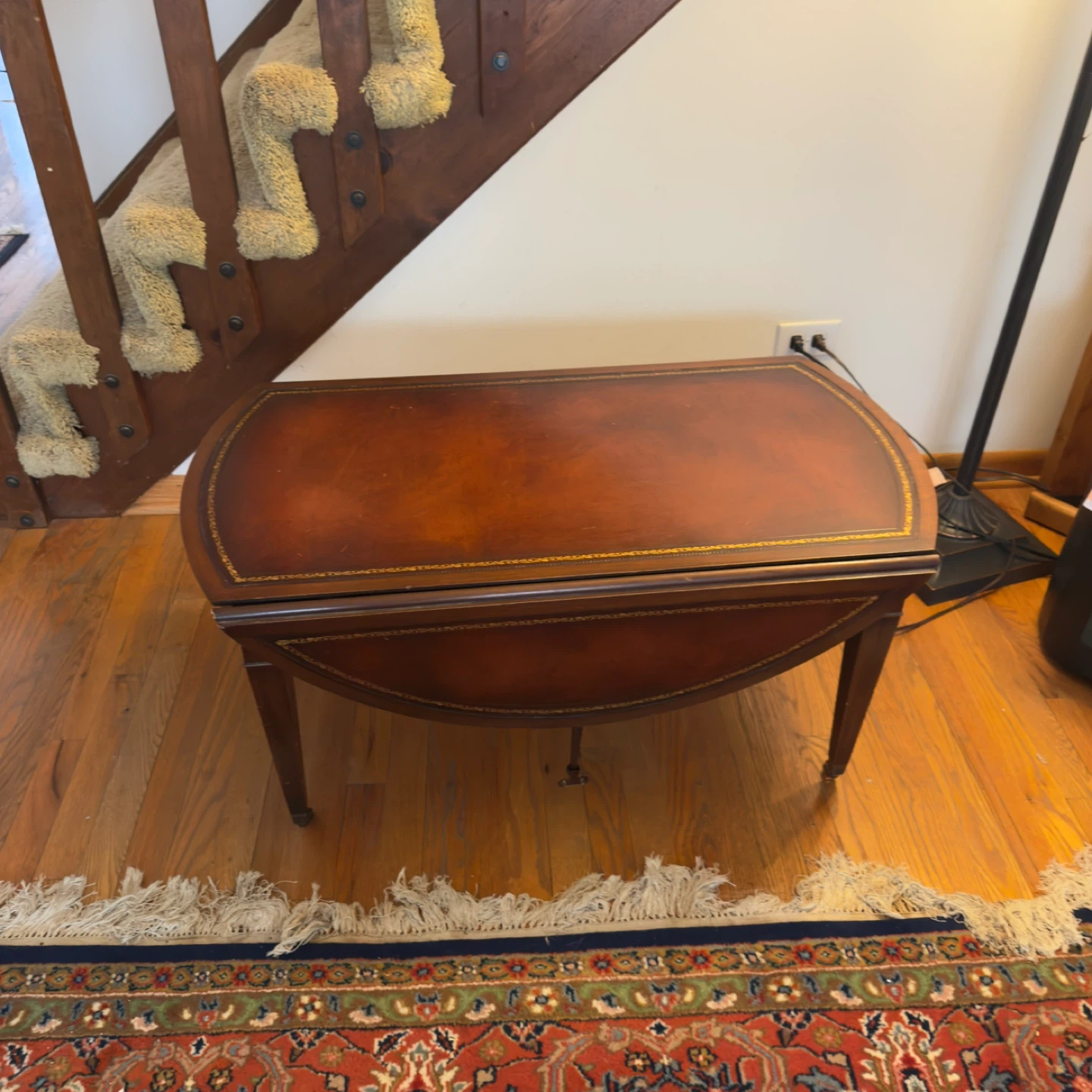 Vintage Leather Inlay Drop Leaf Table with Drawer