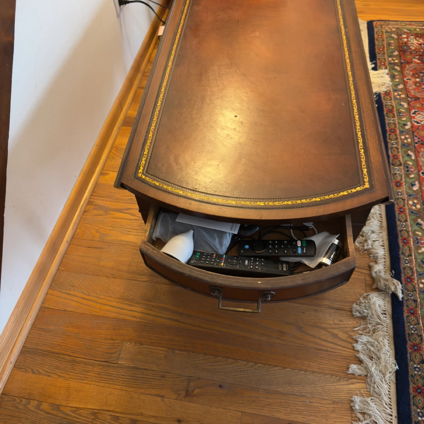 Vintage Leather Inlay Drop Leaf Table with Drawer - photo 3