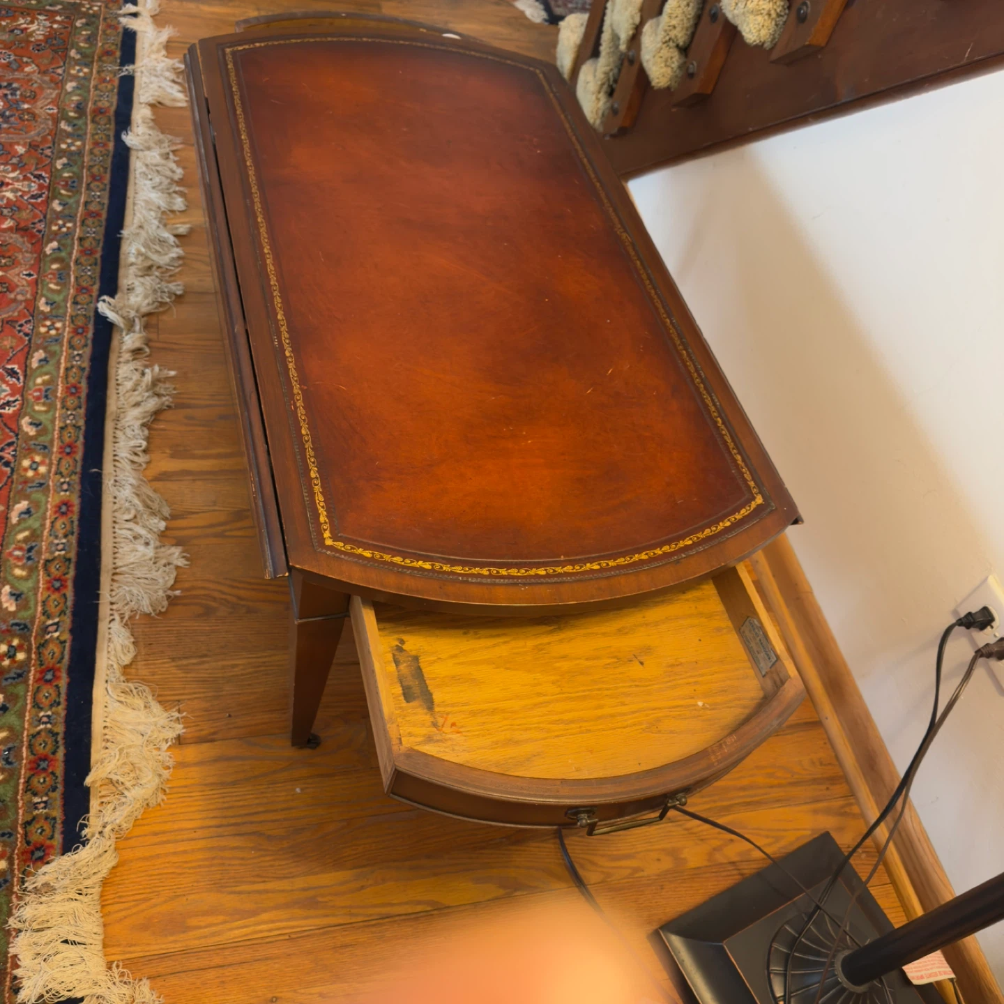 Vintage Leather Inlay Drop Leaf Table with Drawer - photo 2