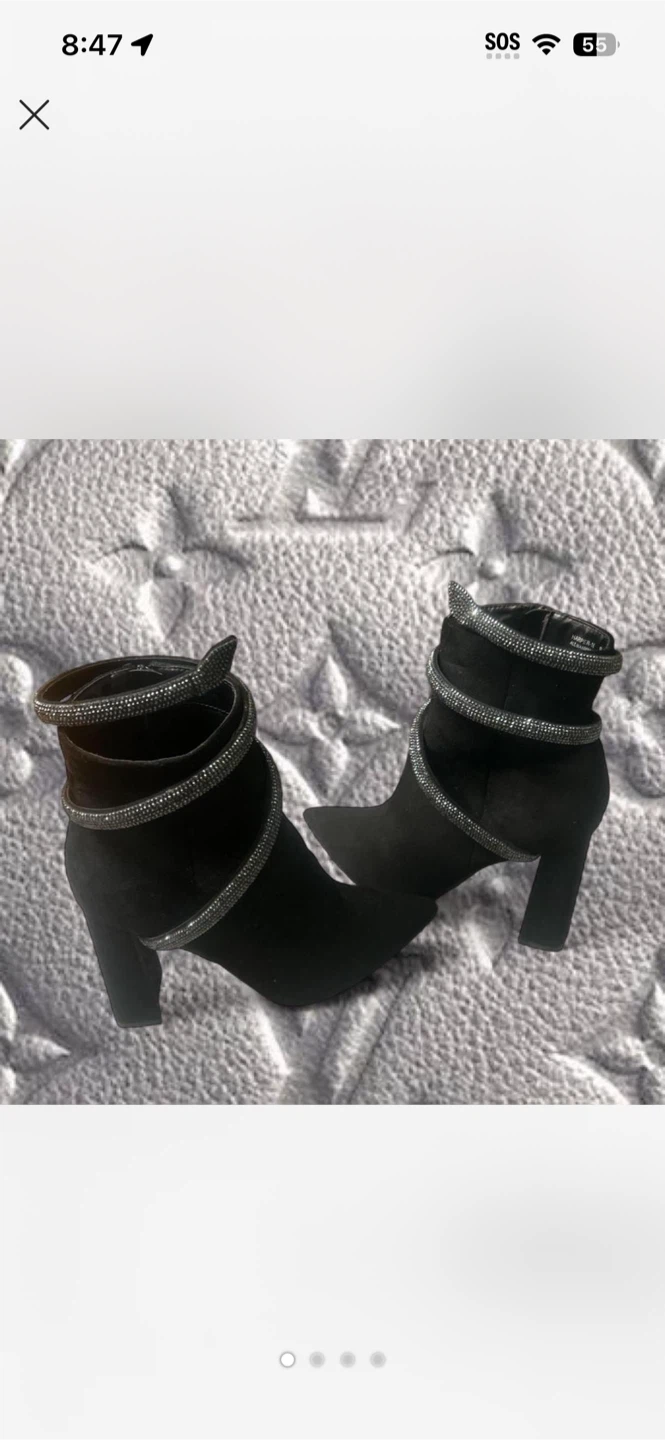 Black Suede Ankle Boots with Rhinestone Straps - Size 9