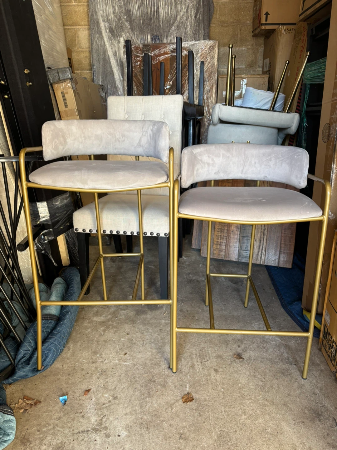 Set of 2 Grey Velvet Bar Stools with Gold Legs