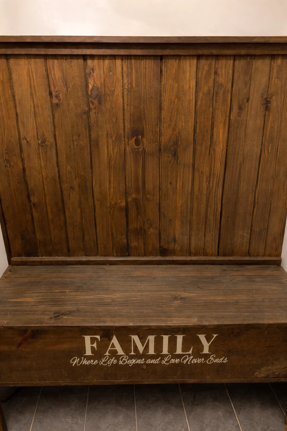 Wooden Storage Bench with "FAMILY" inscription