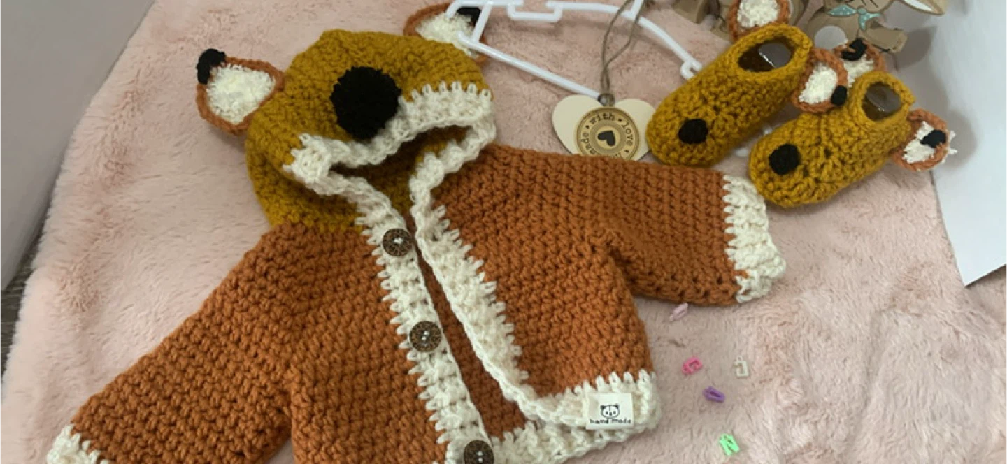 Hand crocheted baby Fox cardigan with hoodie and biities