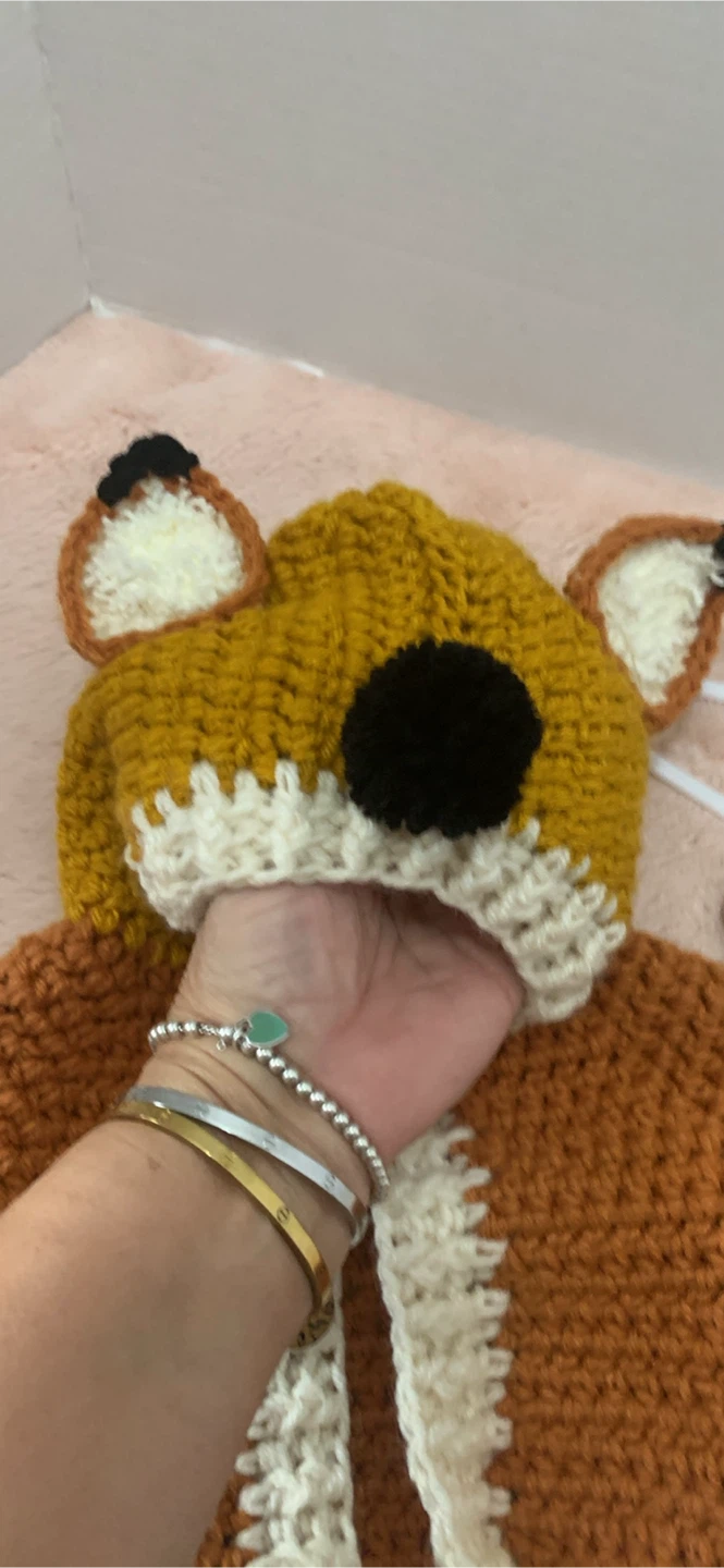 Hand crocheted baby Fox cardigan with hoodie and biities - photo 2
