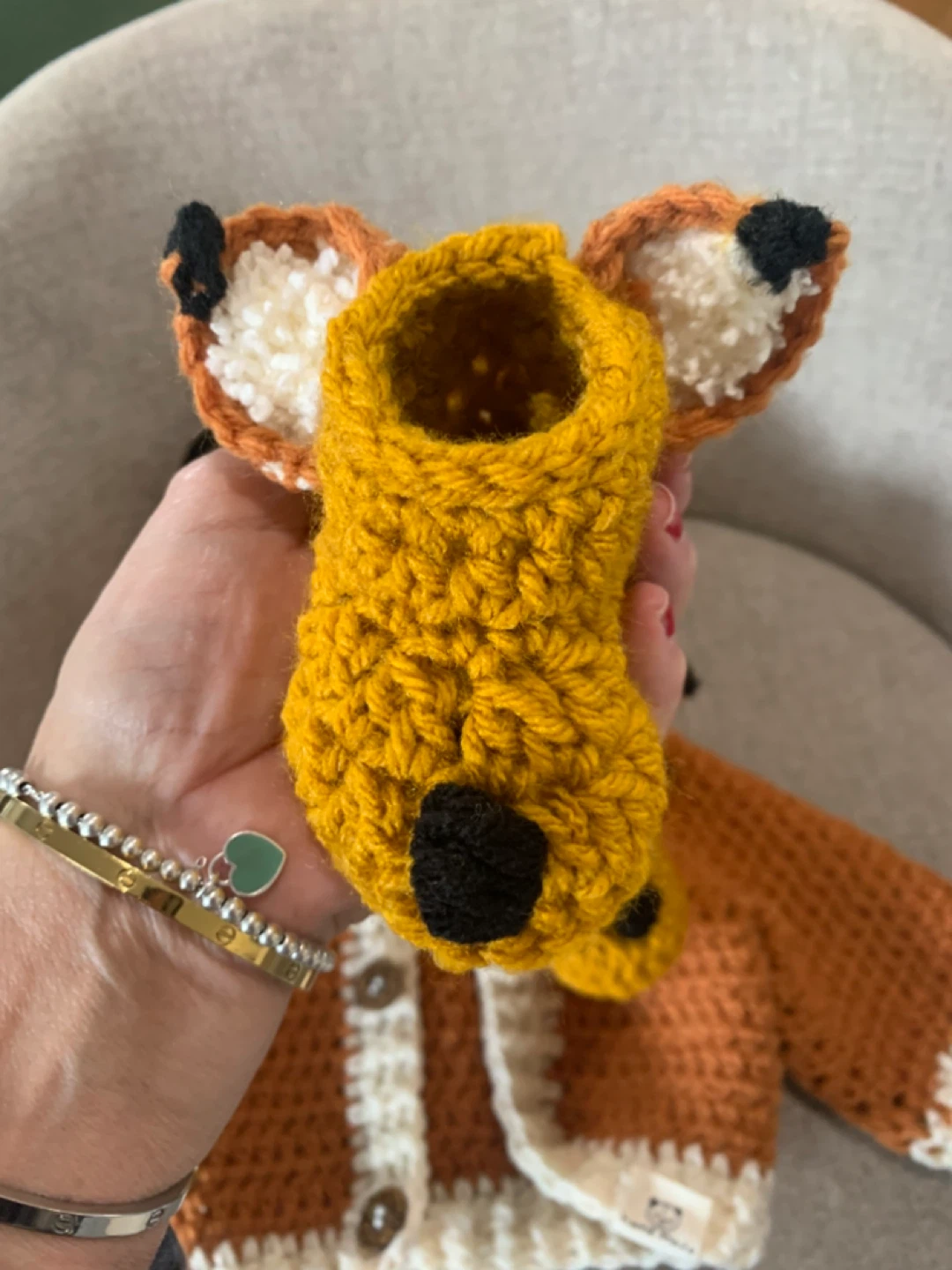 Hand crocheted baby Fox cardigan with hoodie and biities - photo 3