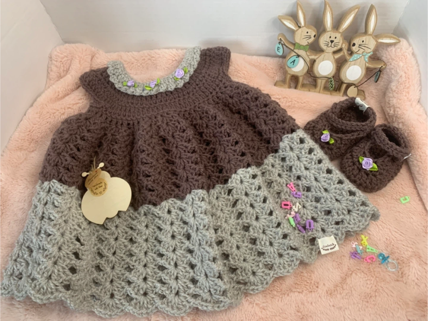 Handmade Crochet Baby Dress and Booties Set