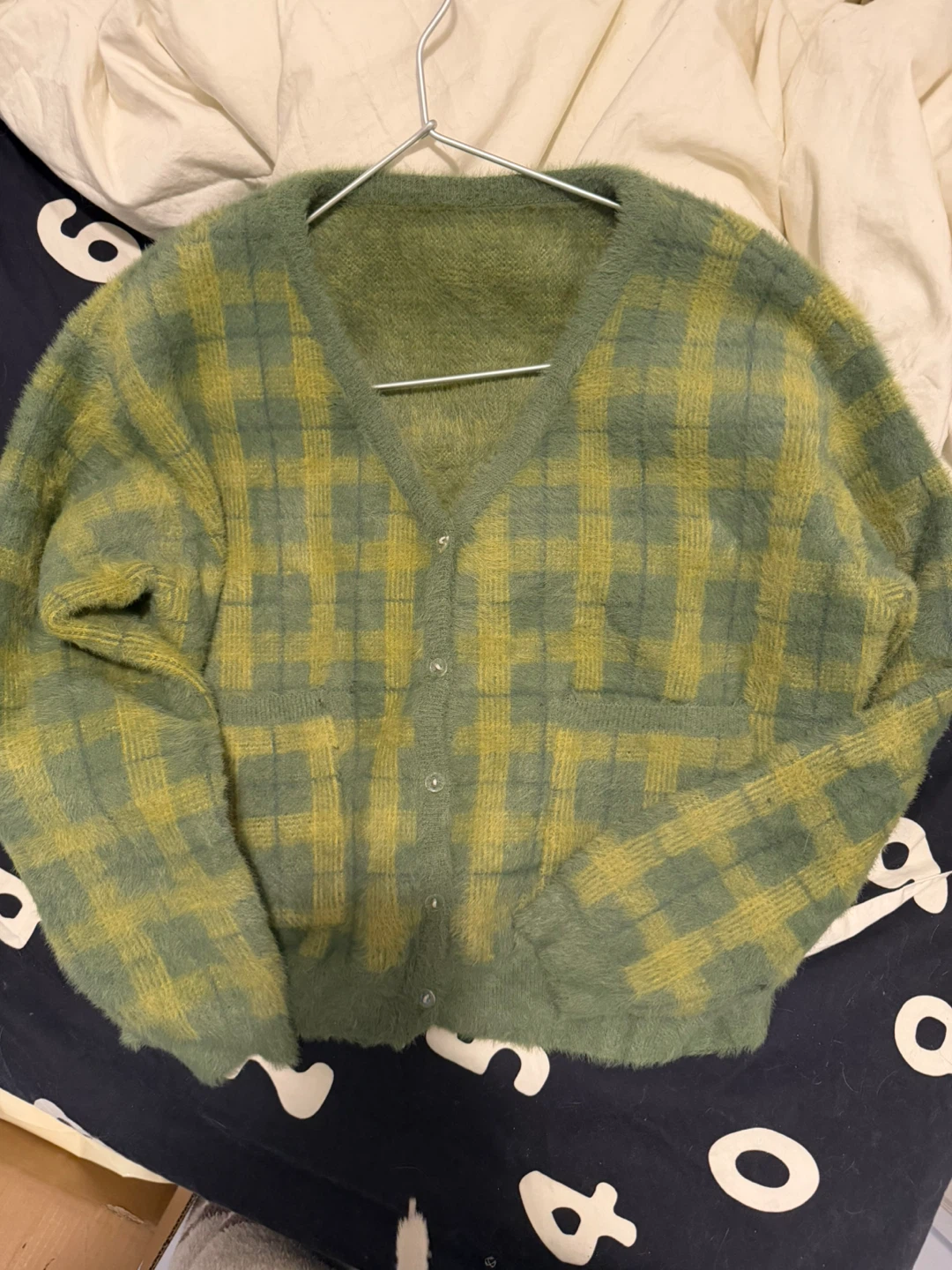 Green and Yellow Plaid Fuzzy Cardigan