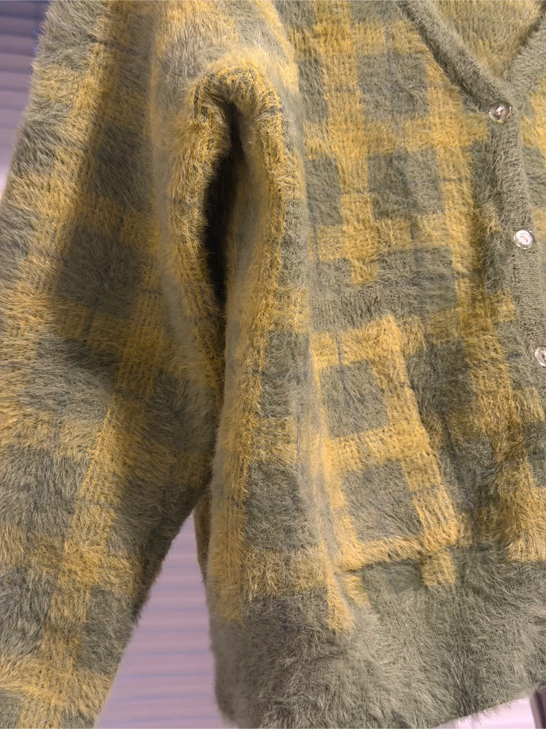 Green and Yellow Plaid Fuzzy Cardigan - photo 3