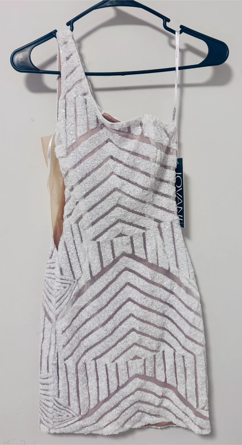 Jovani White Sequin One-Shoulder Cocktail Dress