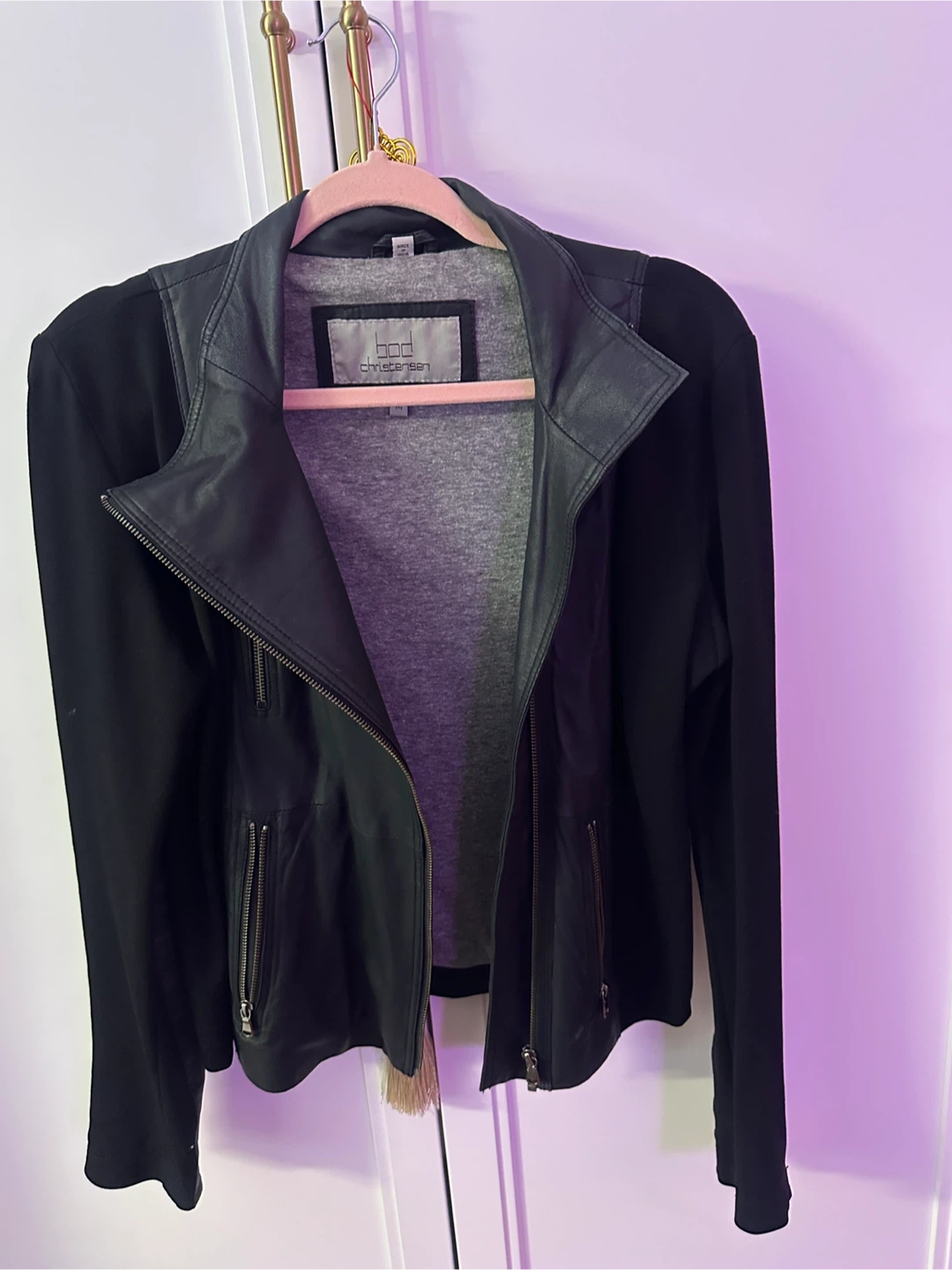 BOD CHRISTENSEN Black Leather & Knit Moto Jacket - Size M - photo 3