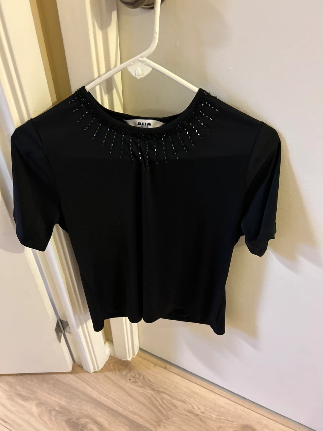 Black Alia Petites Top with Beaded Neckline