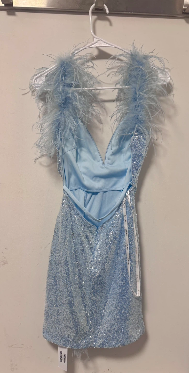 JOVANI Sequined Feather Mini Dress in Light Blue or Black - photo 3