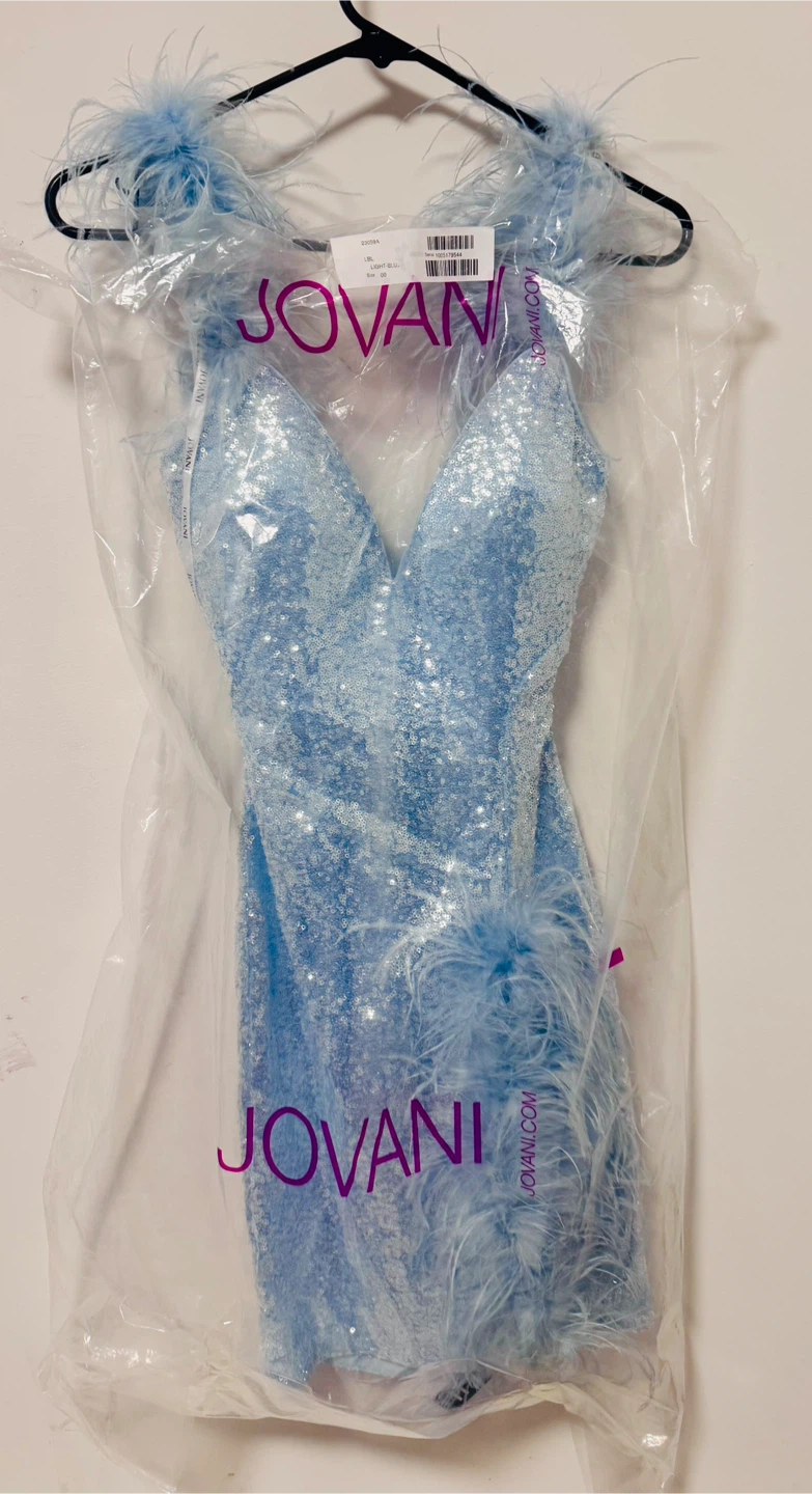 JOVANI Sequined Feather Mini Dress in Light Blue or Black - photo 5