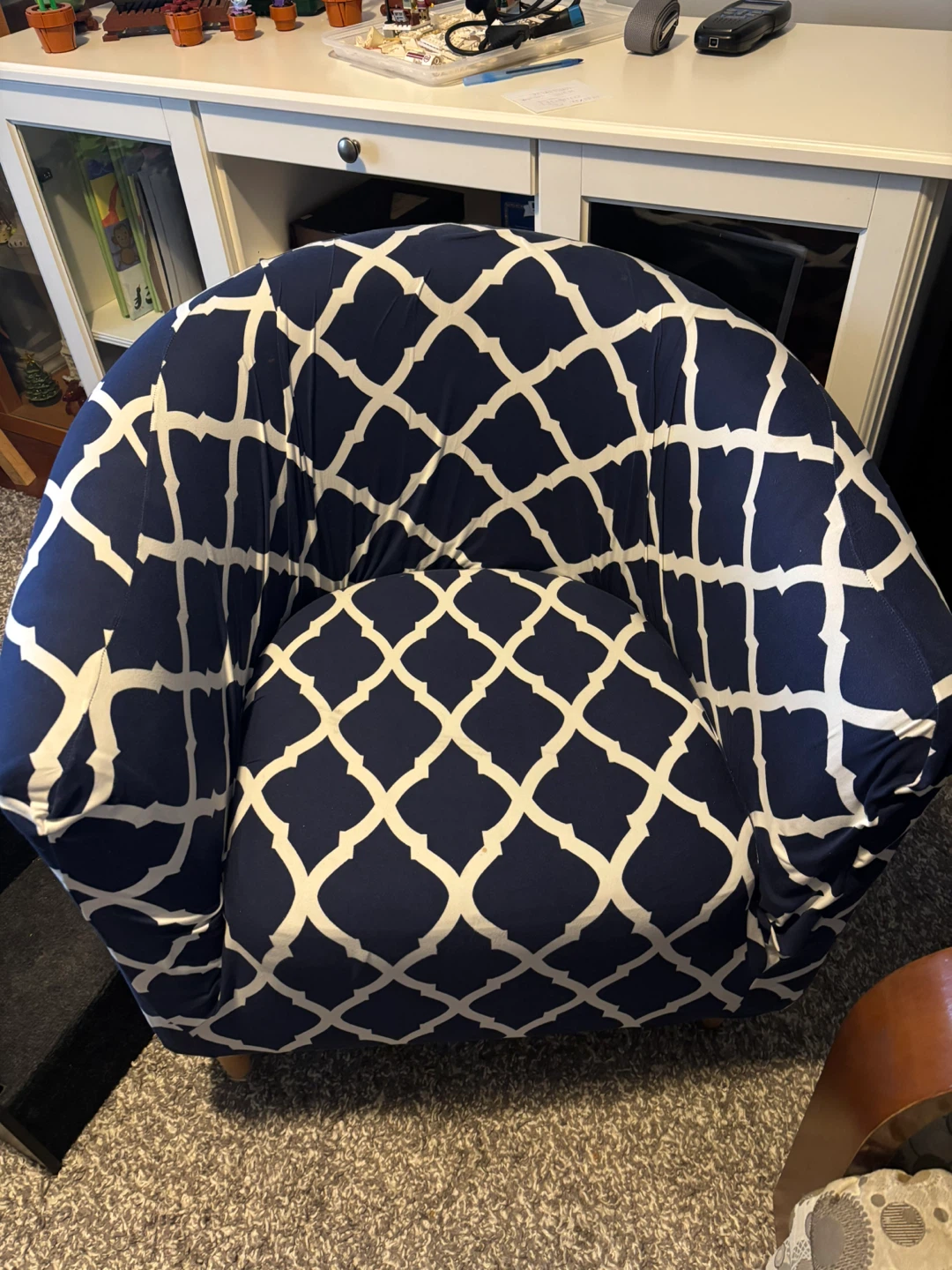 Navy Blue and White Lattice Pattern Accent Chair