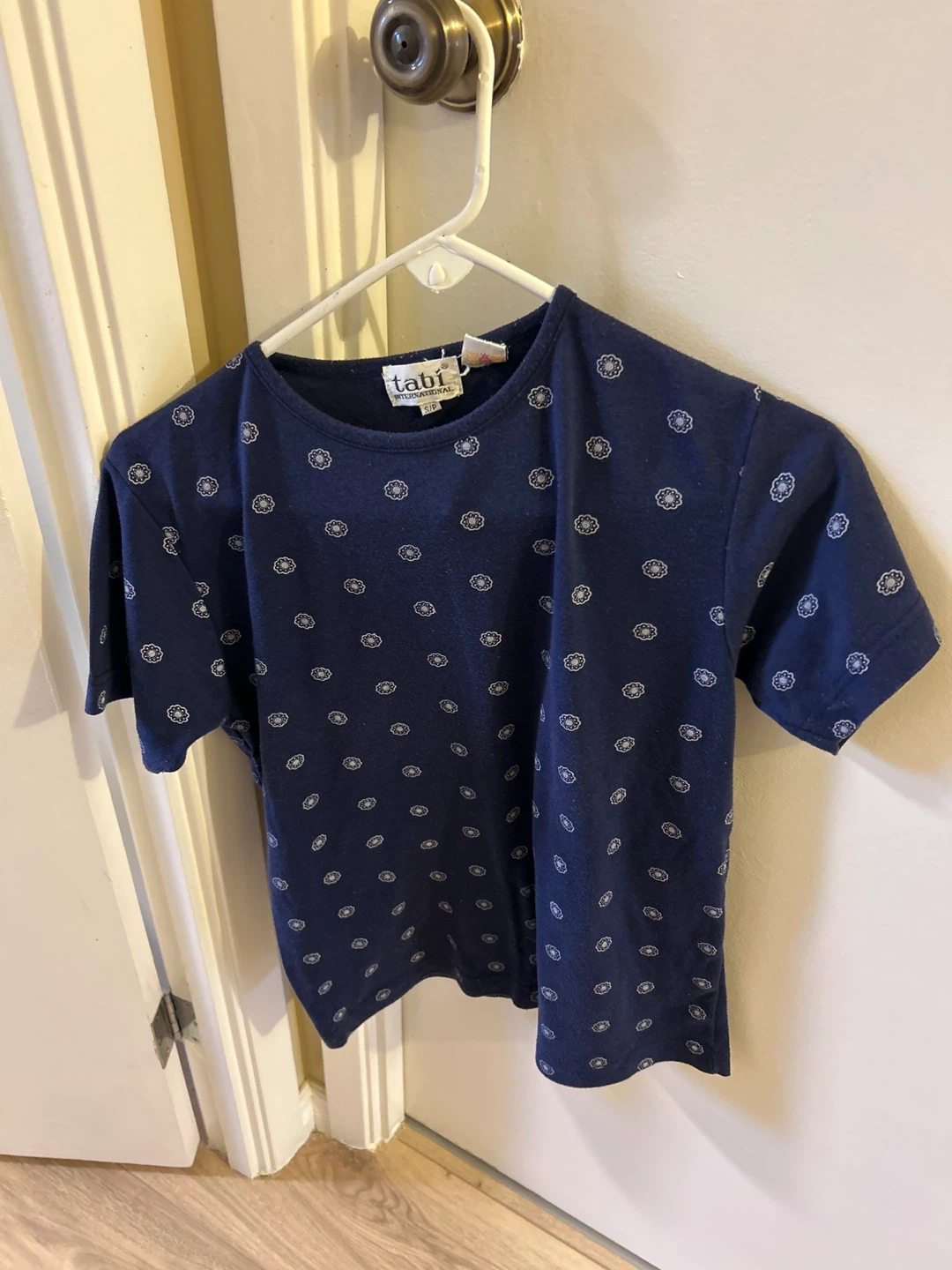 Navy Blue Floral Print Short Sleeve Top