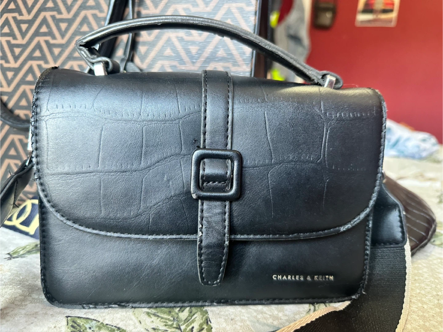 Charles & Keith Black Croc-Embossed Crossbody Bag