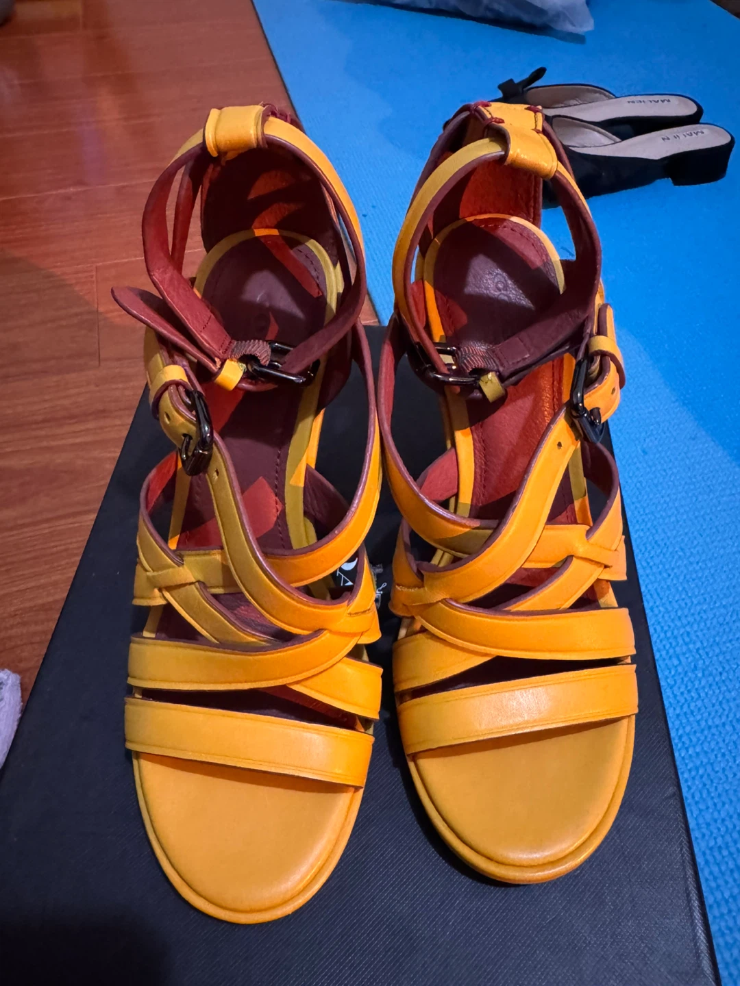 Women's Yellow  Leather Strappy Heeled Sandals