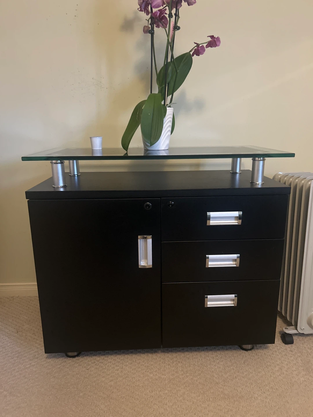 Black Filing Cabinet with Glass Top