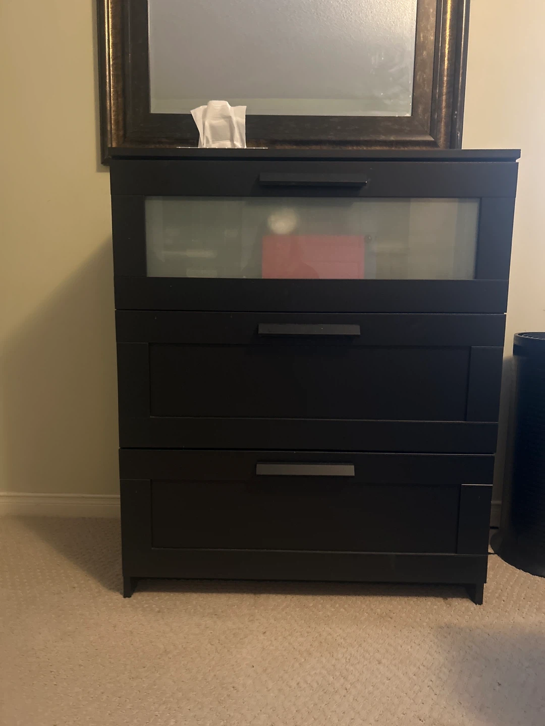 Black 3-Drawer Chest with Glass Top Panel