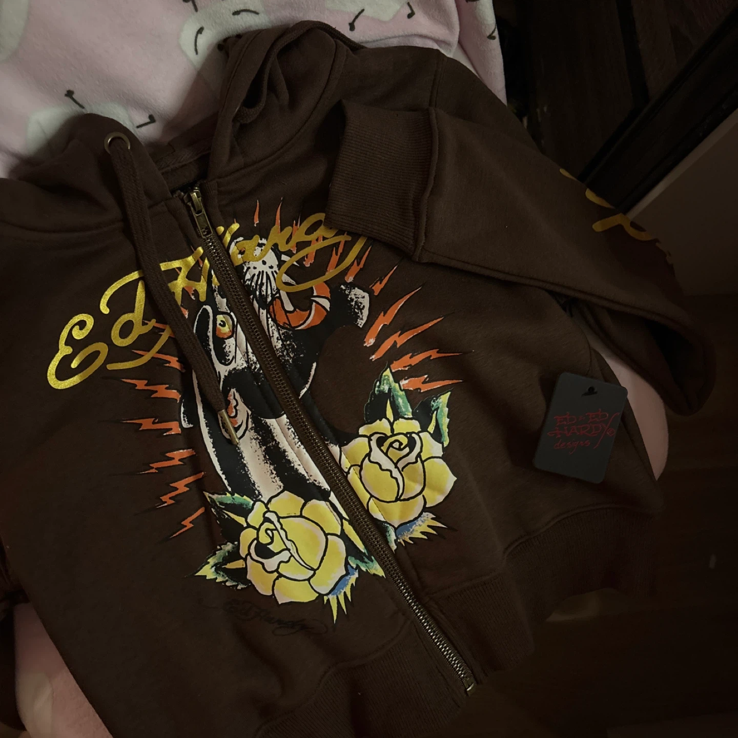 Ed Hardy Brown Zip-Up Hoodie with Tiger and Rose Design