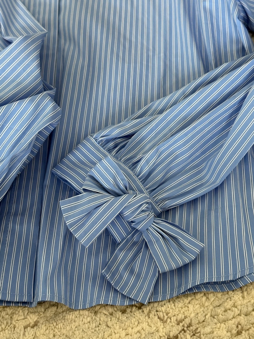 Cute Grey Ruffle Collar Knit Cardigan & Blue Striped Shirt Set - photo 4