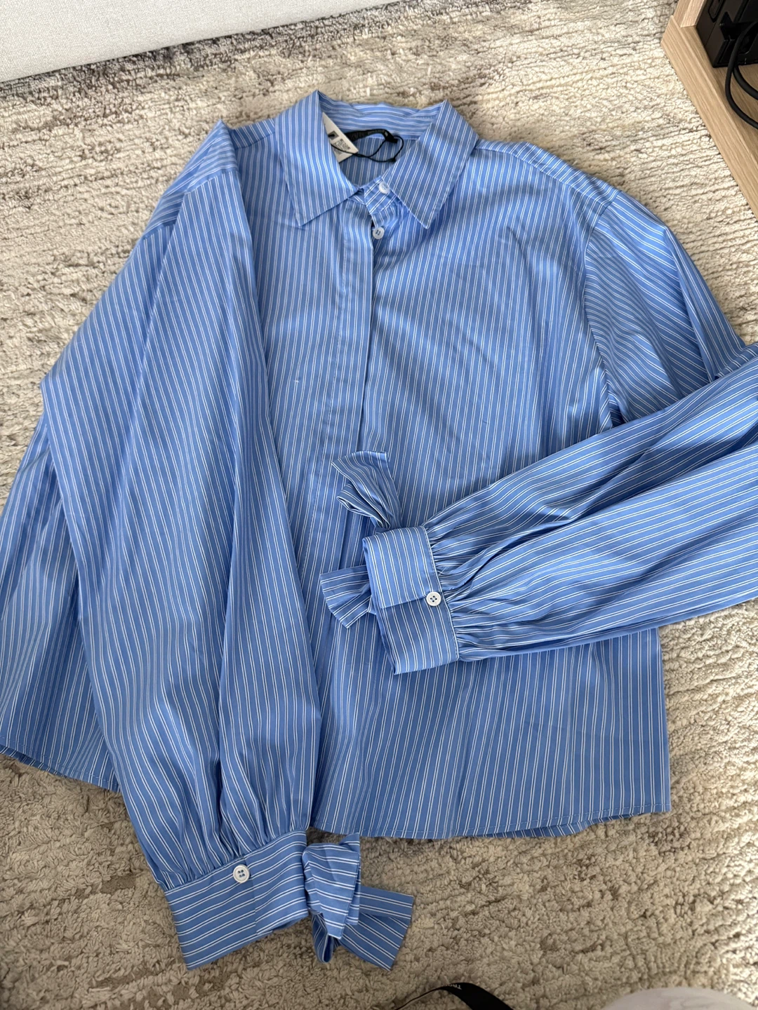 Cute Grey Ruffle Collar Knit Cardigan & Blue Striped Shirt Set - photo 3